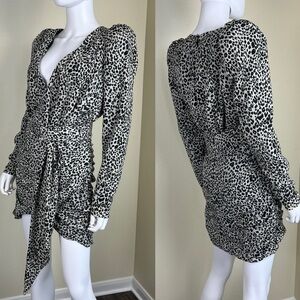 House of CB Women’s Size M Sandy Ruched Puff Sleeve Leopard Print Mini Dress